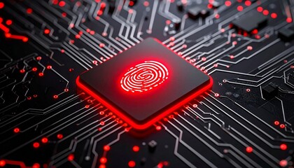 GeneratedRed Illuminated Fingerprint Sensor on Dark Circuit Board, Generated with AI. image