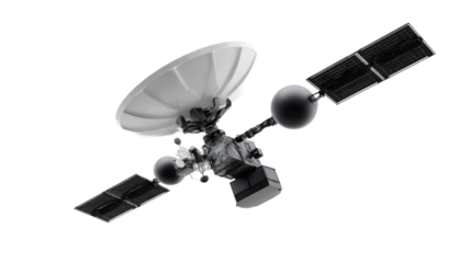 Satellite in Orbit: A detailed view of a modern satellite, designed to transmit signals, its solar panels extended, ready for its mission in the vast expanse of space.