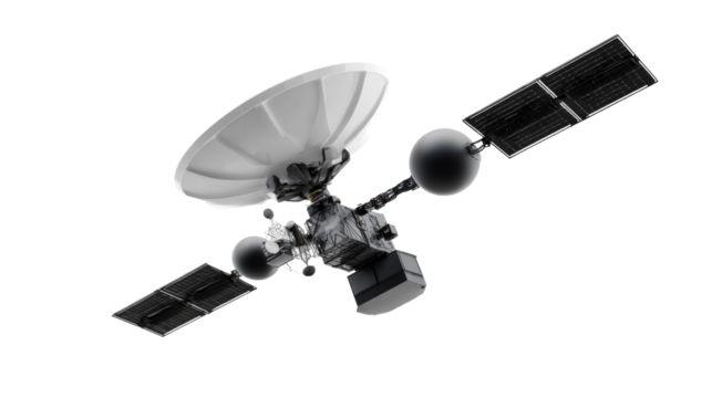 Satellite in Orbit: A detailed view of a modern satellite, designed to transmit signals, its solar panels extended, ready for its mission in the vast expanse of space.