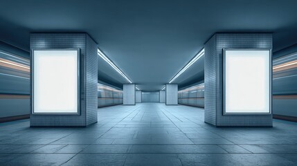 Subway Station Interior with Blank Advertising Billboards for Mockup and Design Presentation, Modern Underground Public Space