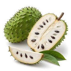 Nicaraguan Soursop Majestic Tropical Delight with Rich Green Spiky Skin and Smooth Cream-White Flesh Captured in Brilliant, Sharp Detail on Pure White Background for Exotic Fresh Appeal