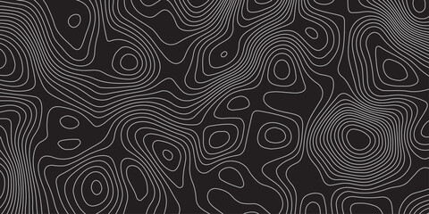 Abstract topographic contour line background in black and gray, modern minimalistic pattern design, wavy geographic curves, elevation map style illustration for wallpaper, texture, or graphic use.