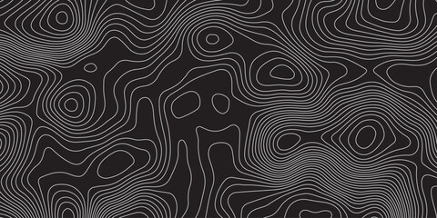 Abstract topographic contour line background in black and gray, modern minimalistic pattern design, wavy geographic curves, elevation map style illustration for wallpaper, texture, or graphic use.
