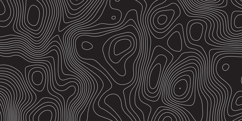 Abstract black background with white contour lines creating a topographic map pattern. Modern minimal design, seamless texture, wavy lines, elevation curves, and stylish geometric flow.