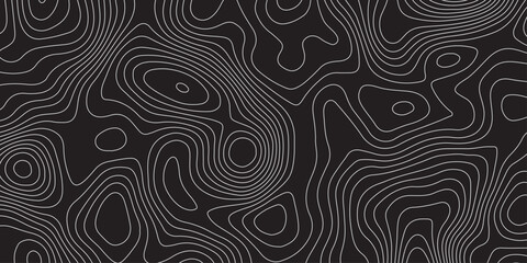 Fototapeta premium Abstract black background with white contour lines creating a topographic map pattern. Modern minimal design, seamless texture, wavy lines, elevation curves, and stylish geometric flow.