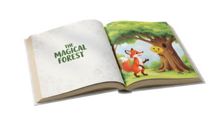 Open childrens story book with illustration of a fox in a magical forest, isolated on transparent background