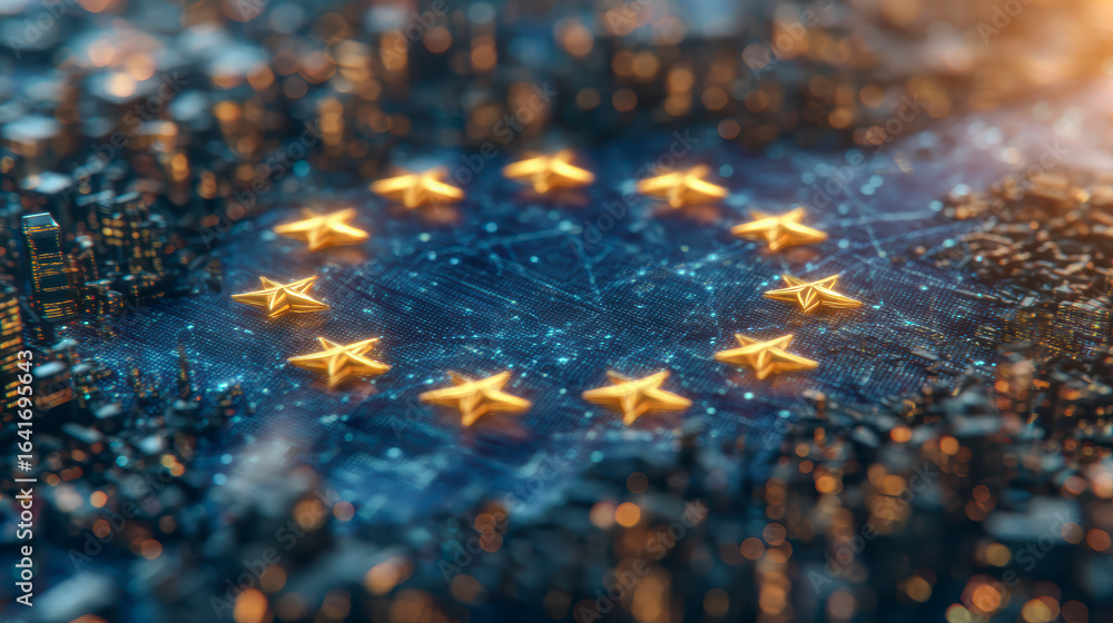 Aufkleber a digital representation of a cityscape with the european union flag overlay, symbolizing connectivi