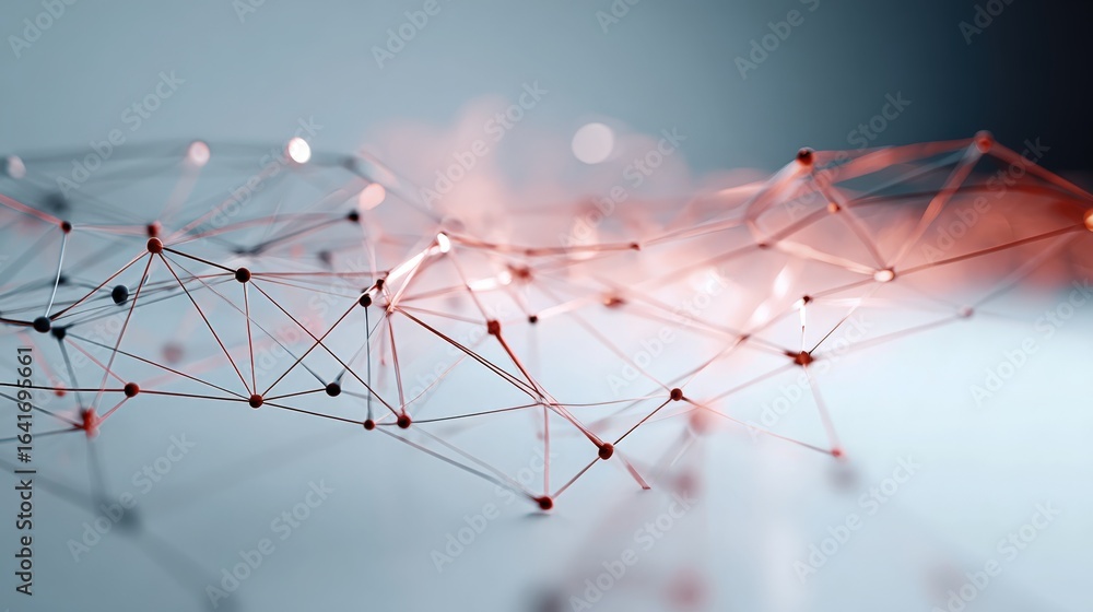 Poster abstract network connection with red and gray nodes and lines, futuristic design on light background