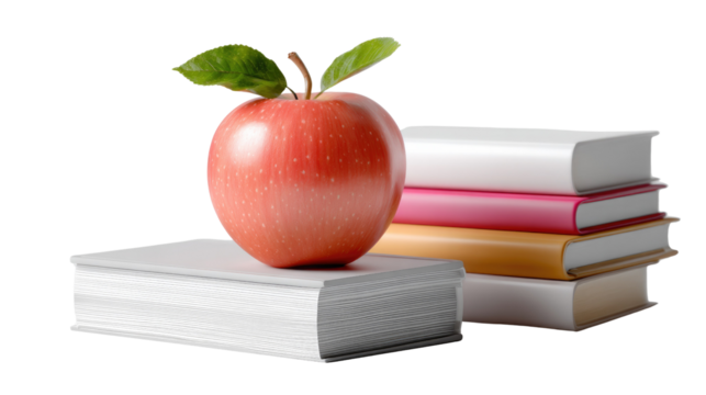 Apple on the Books: A crisp, red apple sits atop a stack of vibrant books, symbolizing education, knowledge, and the joy of learning. Evoking intellectual curiosity and the pursuit of wisdom.