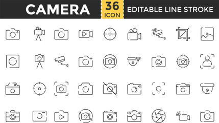 Camera Line Icon Set. Pixel perfect and Outline Editable Stroke Icons collection for Camera, Digital, Influencer, Movie, Photo, Photography, Picture, Security Camera, Social Media, Television, Video, 