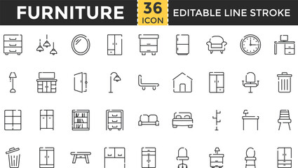 Furniture Line Icon Set. Pixel perfect and Outline Editable Stroke Icons collection for Architecture, Lamp, Desk, Plant, Mirror, Armchair, Fireplace, Oven, Chair, Dressing Table, Wardrobe, Office Chai