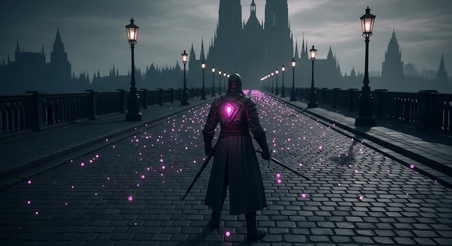 Mysterious figure walks down a cobblestone street towards a gothic cityscape at night
