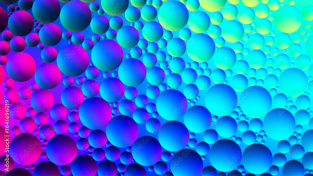 Poster colorful dynamic background of macro view with glowing transparent oil drops in water on gradient hu