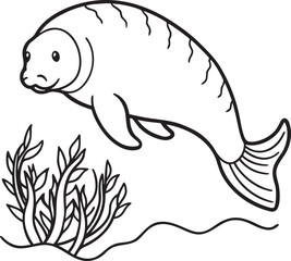 Line drawing of a manatee swimming near aquatic plants