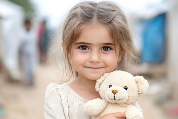 Smiling girl holds bear in refugee camp,finding comfort in her only toy,concept of children living in refugee camps,humanitarian aid for displaced families,emotional support,crisis relief assistance