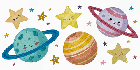 Whimsical Smiling Planets and Stars in a Playful Galaxy