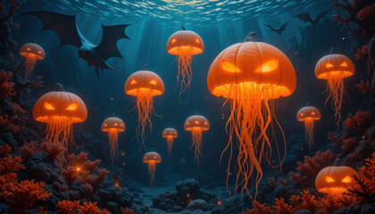 Eerie jellyfish with glowing pumpkin faces float in abstract underwater Halloween background