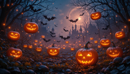 Spooky pumpkins illuminate abstract Halloween background filled with bats and haunted castle