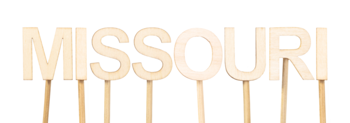 Missouri spelled out with individual cut-out wooden letters, an excellent visual resource for school posters, educational maps, or American-themed decor