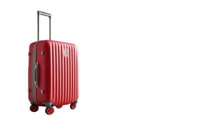 Red Rolling Suitcase: A vibrant red rolling suitcase, equipped with a retractable handle and sturdy wheels, is set against a backdrop, perfect for symbolizing travel, adventures.