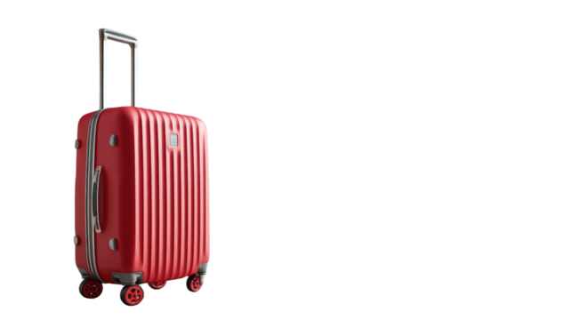 Red Rolling Suitcase: A vibrant red rolling suitcase, equipped with a retractable handle and sturdy wheels, is set against a backdrop, perfect for symbolizing travel, adventures.