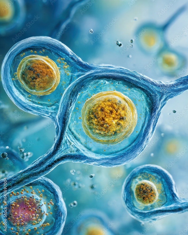 Poster exploring microscopic cell slides close-up views of biological elements in a lab