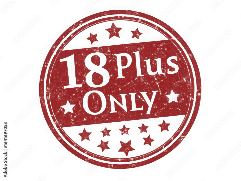 Poster vintage red circular stamp with 18 plus only text isolated on transparent background