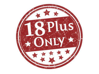 Vintage red circular stamp with 18 plus only text isolated on transparent background