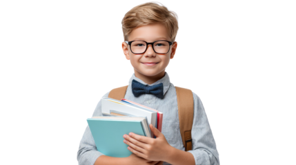 Smart Kid with Books: A young student, sporting stylish glasses, a neat bowtie, and a backpack, proudly clutches a stack of colorful books, symbolizing the joy of learning and academic pursuit.