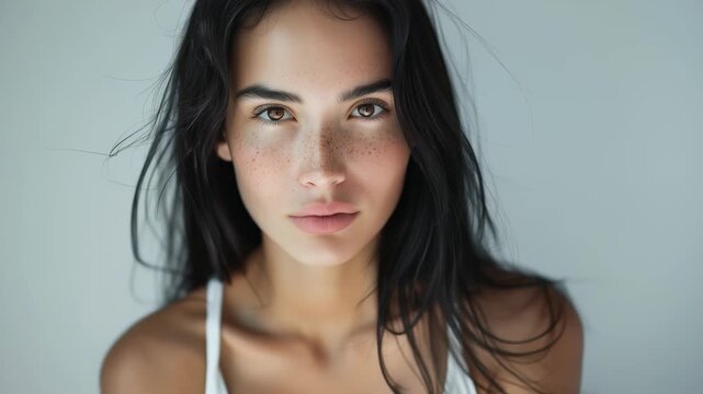 A stunning close-up image showcasing a young woman with striking features. Her dark hair, freckled face, and captivating gaze create a mesmerizing portrait, enhanced by soft lighting and a neutral bac