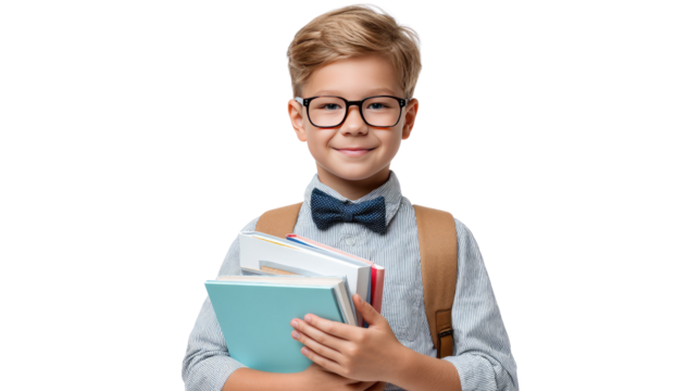 Smart Kid with Books: A young student, sporting stylish glasses, a neat bowtie, and a backpack, proudly clutches a stack of colorful books, symbolizing the joy of learning and academic pursuit.