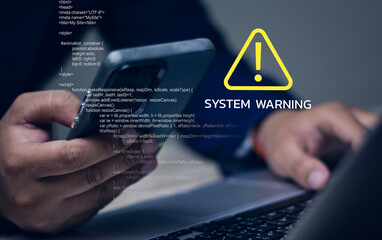 "System Warning" message on laptop screen Mobile security, data privacy and digital threats Technological issues, cybercrime and online scams on mobile devices
