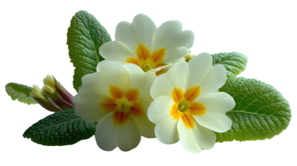 Ivory Primrose: A delicate cluster of ivory primrose blossoms with radiant yellow centers, accompanied by textured green leaves, presents a serene and elegant portrayal of nature's artistry.