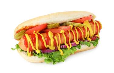 Tasty hot dog with tomato, pickles, lettuce, onion, ketchup and mustard isolated on white