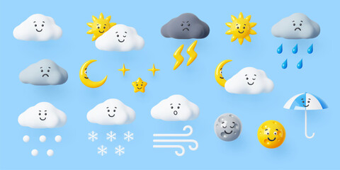 3d weather characters, cartoon vector icon set featuring cheerful and sad clouds, sun, moon, stars, lightning, snow, rain and wind with expressive faces. Funny personages for weather forecast apps