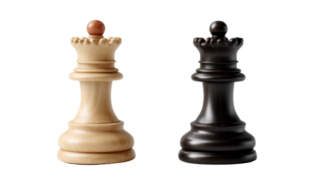 Chess Queen Duel: A striking pair of chess queens, one light and the other dark, poised in a tense face-off, ready for strategic maneuver. representing the game of chess