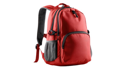 Naklejka premium Red Backpack: This image is a vibrant representation of a red backpack. A clean, studio shot highlights its details.