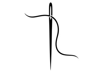 Black silhouette of a sewing needle with thread on white background for sewing and crafting concept