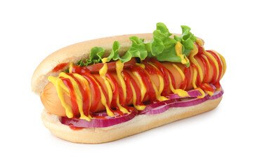 Tasty hot dog with vegetables, mustard and ketchup isolated on white