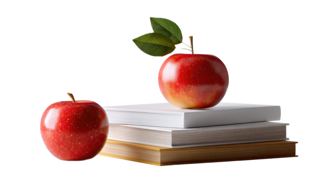 Knowledge and Nourishment: A pair of vibrant, crisp red apples resting atop a stack of scholarly books, evoking a sense of education and intellectual curiosity.