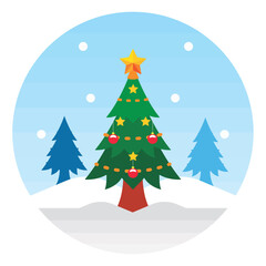 Christmas tree in snowy field. Vector