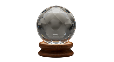 Crystal ball and wooden base shine against a dark backdrop, perfect for product staging, fantasy art, and elegant branding.