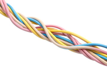 Colorful twisted electrical wires cables on transparent background