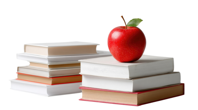 Stacked Books with Apple: A neat stack of books stands beside a ripe red apple, symbolizing knowledge, education, and the pursuit of wisdom. The apple resting on top of books represents learning.