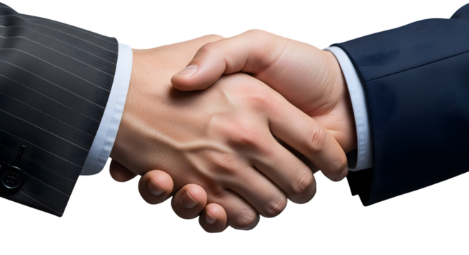 Two businessmen shaking hands in a sign of agreement and partnership, isolated on transparent background
