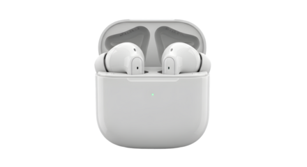 A pair of white wireless earbuds in their charging case, isolated on transparent background