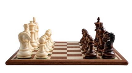 Chessboard Showdown: A meticulously arranged chessboard showcases a strategic battle of wits between black and white pieces, inviting viewers into a world of strategy and intellectual duel.