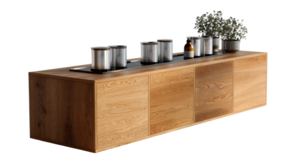 Wooden Cabinet with Kitchen Supplies: The image portrays an elegant wooden cabinet in a minimalistic style with a selection of essential kitchen supplies enhancing its charm.