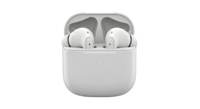 A pair of white wireless earbuds in their charging case, isolated on transparent background