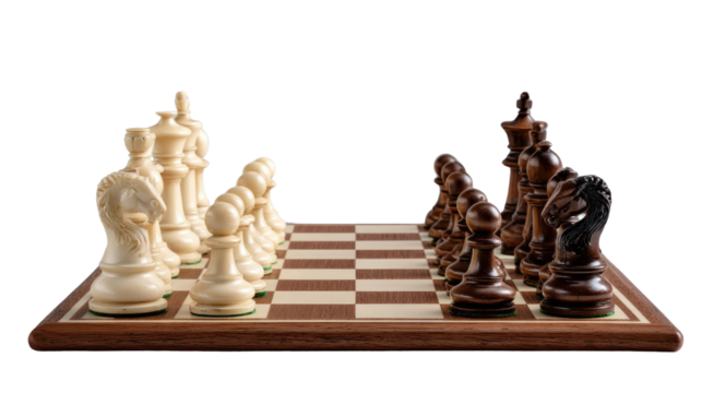 Chessboard Showdown: A meticulously arranged chessboard showcases a strategic battle of wits between black and white pieces, inviting viewers into a world of strategy and intellectual duel.
